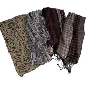 Women's Scarf Lot of 4 Brown Green Boho Animal Print Metallic Fringe